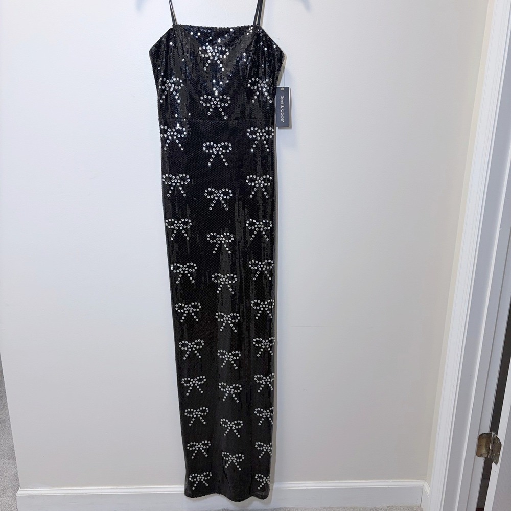 Seni & Cade Black Sequin Bow Rhinestone Maxi Dress Formal Gown Small NWT